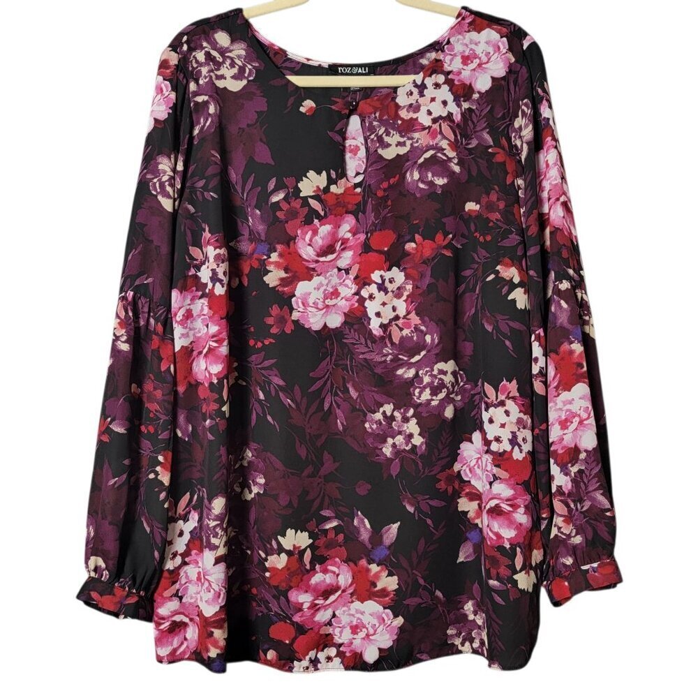 Roz & Ali Burgundy Floral Fairy Grunge Long Sleeve Cottagecore Work Top 2X